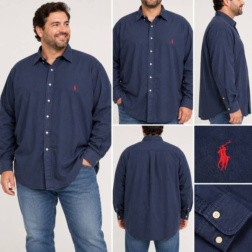Ralph Lauren Men’s 4XLT Tall Navy Blue Button Down Shirt Long Sleeve Pony Logo